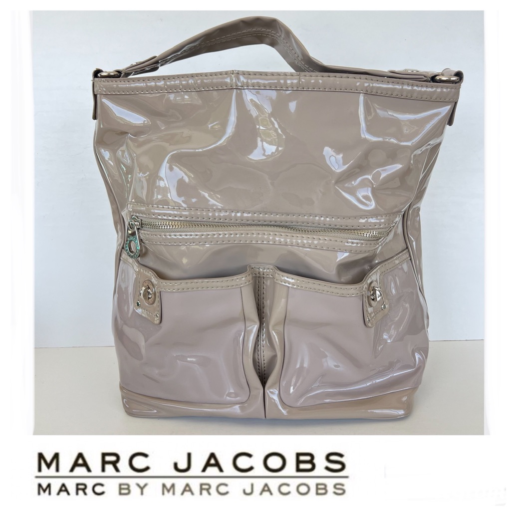 Marc By Marc Jacobs Faridah Taupe Patent Leather Front Pockets Shoulder Bag Tote
